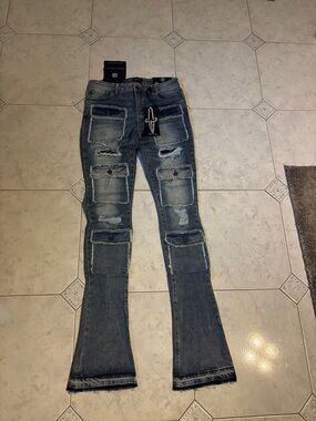Stacked Doctrine Front Pockets with Lids Men's Blue Super Slim Jeans